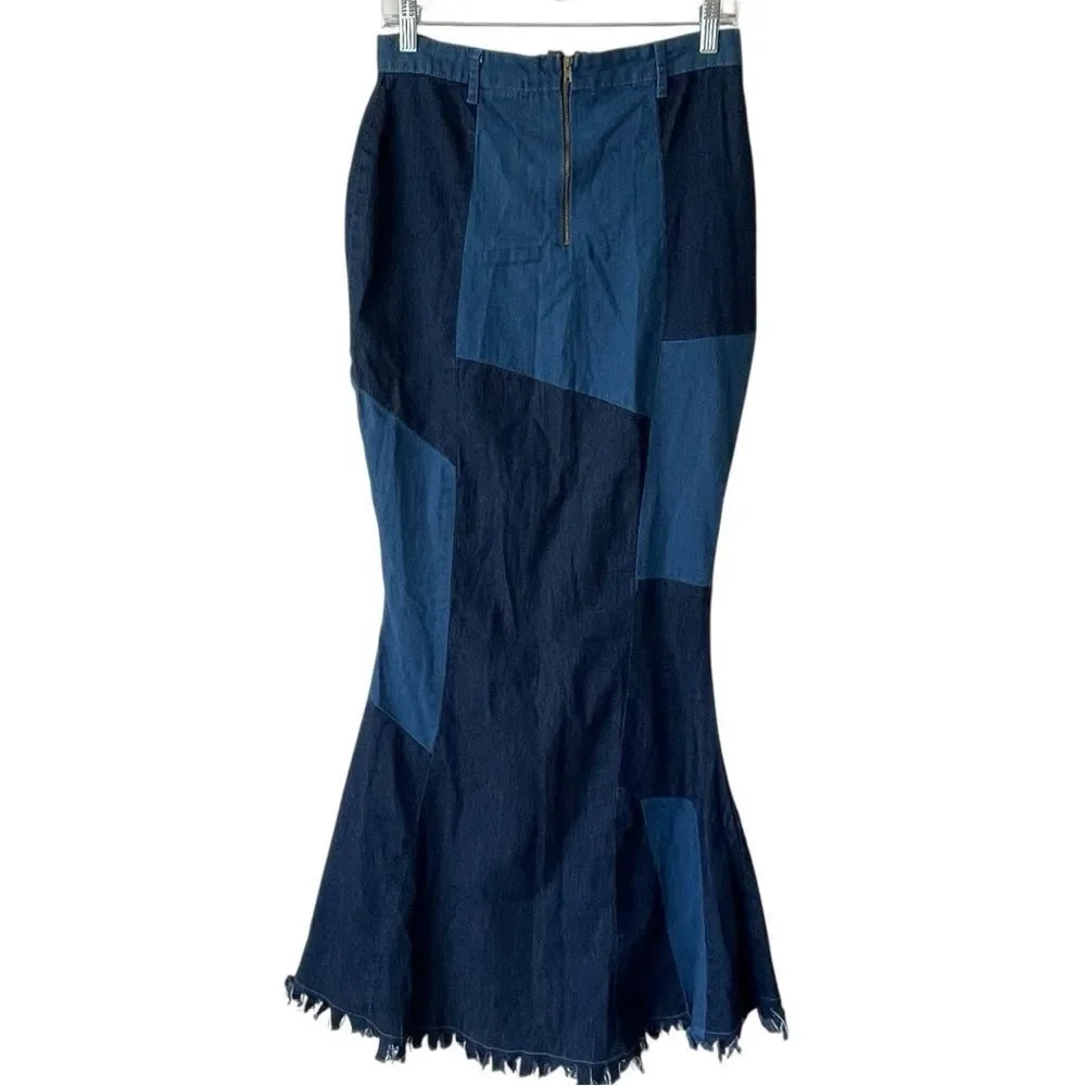 TOUCH ME Patchwork Distressed Denim Jean‎ Maxi Skirt Size large